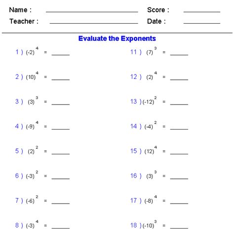 8th Grade Math Exponents Worksheets