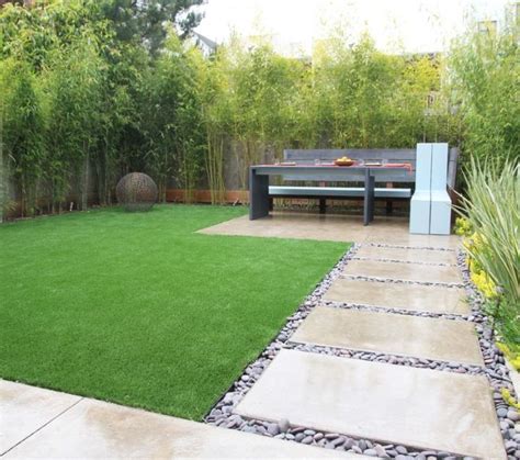 The outside is designed with small pebbles that make the garden look spectacular. Artificial turf next to pavers | Small backyard design ...