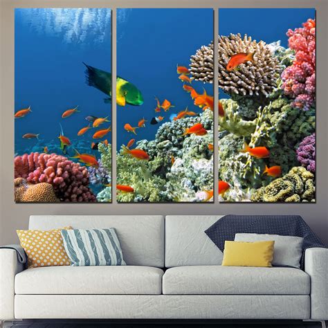 3 Panels Canvas Art Tropical Coral Reef Fish Home Decor Wall Art