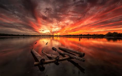Fiery Sunset Over Lake 4k Ultra Hd Wallpaper Background Image 3840x2400