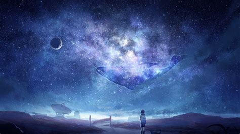 Download 1920x1080 Anime Sky Milky Way Stars Anime Boy Dog Moon Whale Galaxy Wallpapers