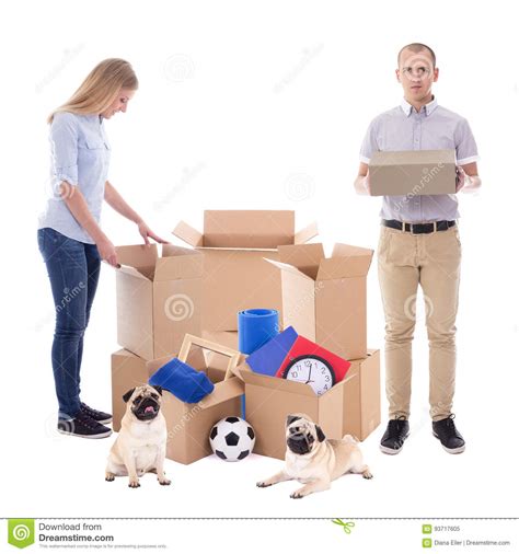 Moving Day Concept Couple Packing Cardboard Boxes Isolated On Stock