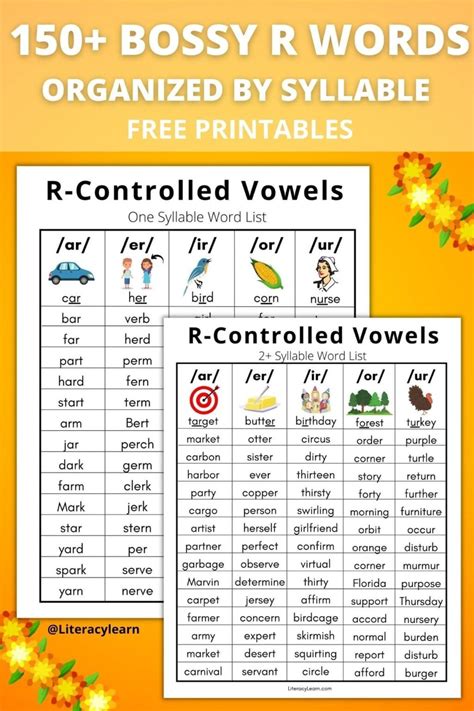 150 R Controlled Vowel Words Free Printable Lists In 2022 R Words