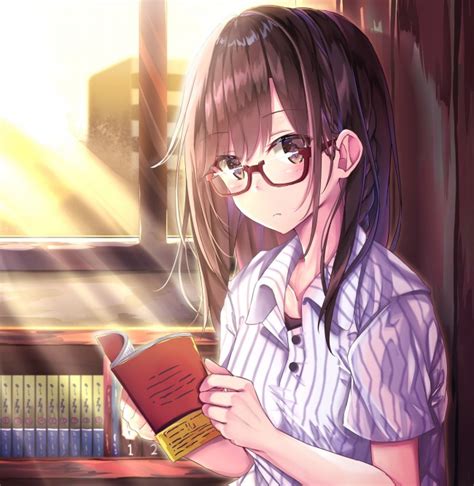 Wallpaper Anime Girl Meganekko Brown Hair Reading Moe Cute Sunlight