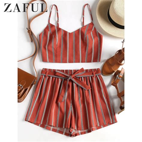 Zaful Summer Women Set Striped Slip Crop Top Belted High Waist Shorts