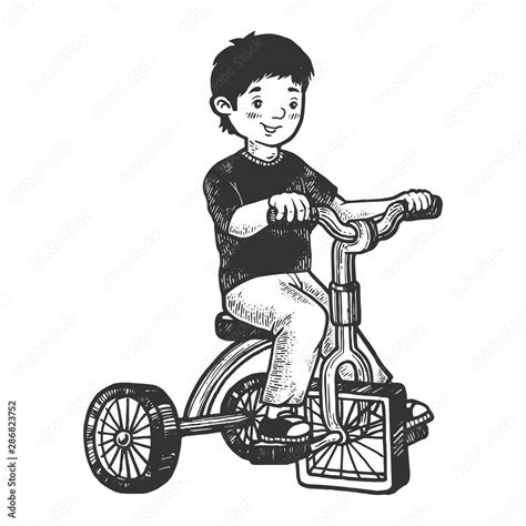 Boy Kid On Children Tricycle With Square Wheels Sketch Engraving Vector