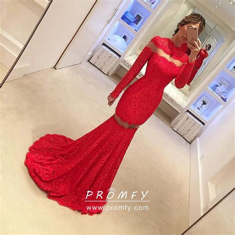 Red Lace Long Sleeve Cut Outs Feminine Prom Dress Promfy