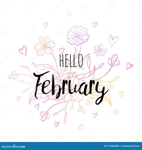 Hello February Poster With Flowers And Hearts Motivational Print For