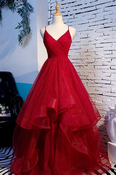 Red Tulle Layered Spaghetti Straps V Neck Lace Up Prom Dress Evening