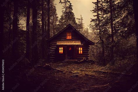 Creepy Cabin In The Woods Illustration Of A Haunted House Stock