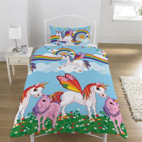 Rainbow Unicorns Duvet Cover Set Single And Double Wallpaper Pink And Blue Girls Ebay