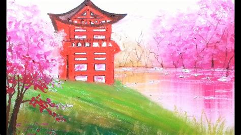 Japanese Temple And Sakura Trees Oil Pastel Painting Lesson Youtube