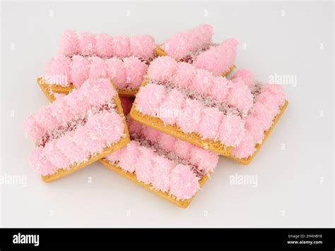 Group Of Jam Mallows Soft Crumbly Biscuits Topped With Pink Mallow And Raspberry Flavour Jam