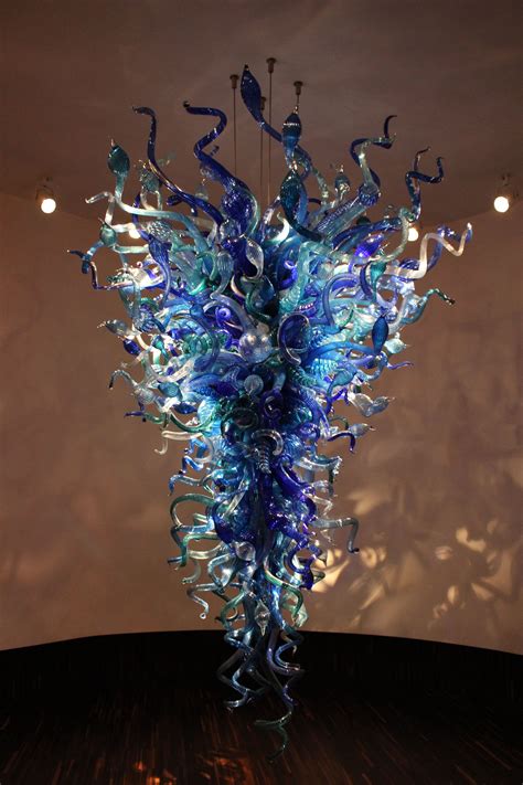 Close Up Of Blue Glass Chandelier Installation At The Chihuly Museum In
