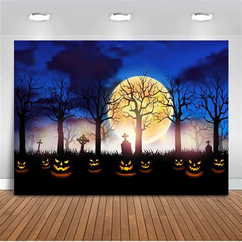 Halloween Party Background Blue Night Old Forest Demon Backdrop Pumpkin
