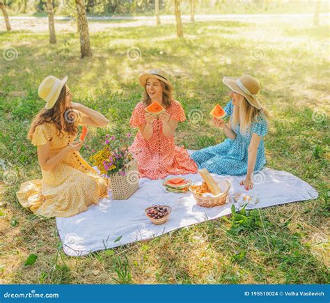 Three Pretty Womans On The Picnic In The Park At Summertime Season