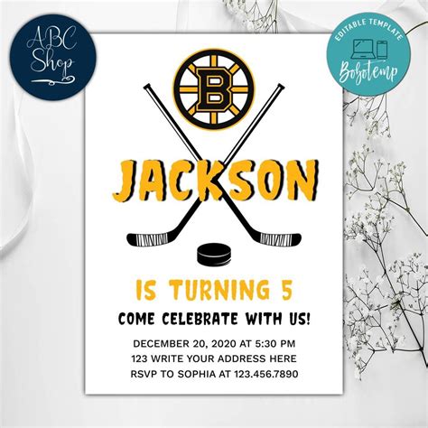 Printable Boston Bruins Birthday Invitation Instant Download Bobotemp