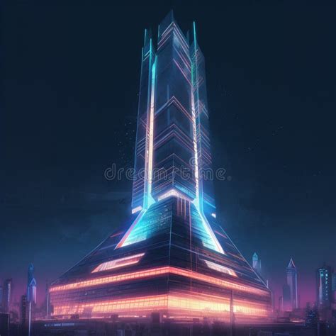 Futuristic Skyscraper With Neon Lights Stock Illustration