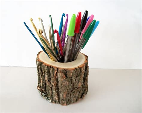 Extra Large Rustic Wood Pencil Holder In Sassafras Log Office