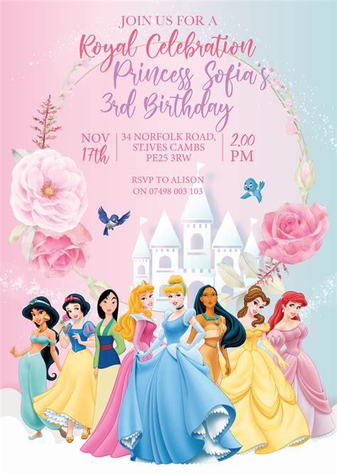 Disney Princess Party Invitation Disney Princess Birthday Etsy Uk