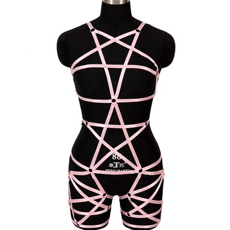 Goth Clothes Pink Pentagram Holographic Fashion Sexy Full Body Harness Bondage Lingerie Women