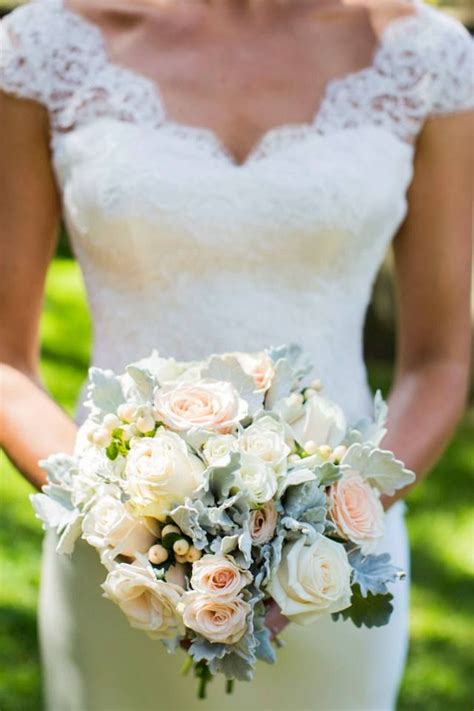 Event design by soco events. Bridal bouquet, white, peach, dusty miller, roses. www ...
