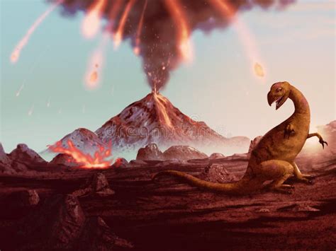 Dinosaur Extinction Erupting Volcano Artwork Stock Illustration