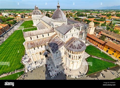 Pisa Tuscany Italy Aerial View Of Piazza Dei Miracoli Square Of