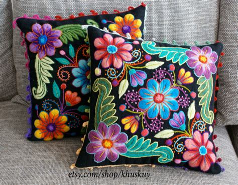 Peruvian Pillow Cushion Covers Hand Embroidered Flowers By Khuskuy