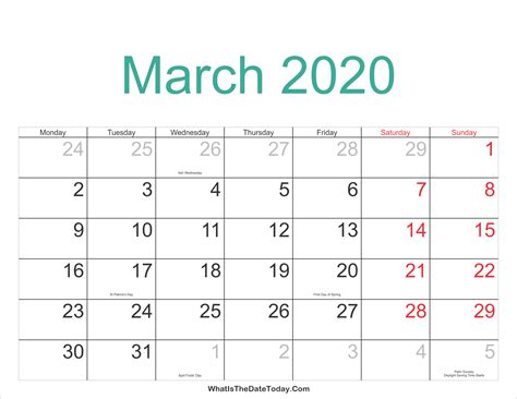 March 2020 Calendar Printable With Holidays Whatisthedatetodaycom