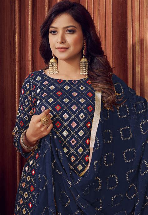 Embroidered Georgette Pakistani Suit In Navy Blue Kch8767