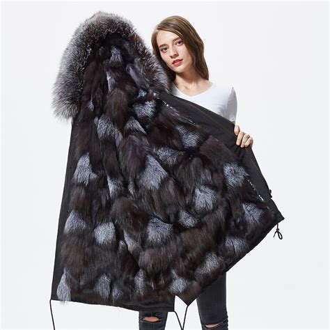 parka real fur women winter parka with fur hood silver fox white fox fur patchwork lined long