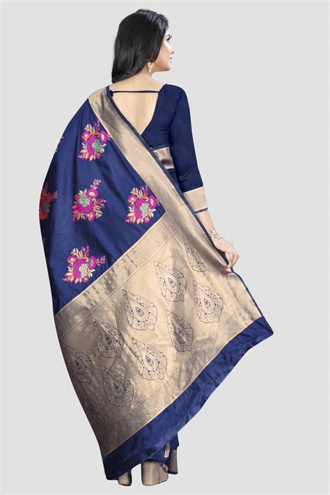 blue woven kanchipuram silk saree with blouse sharaa ethnica 3143969