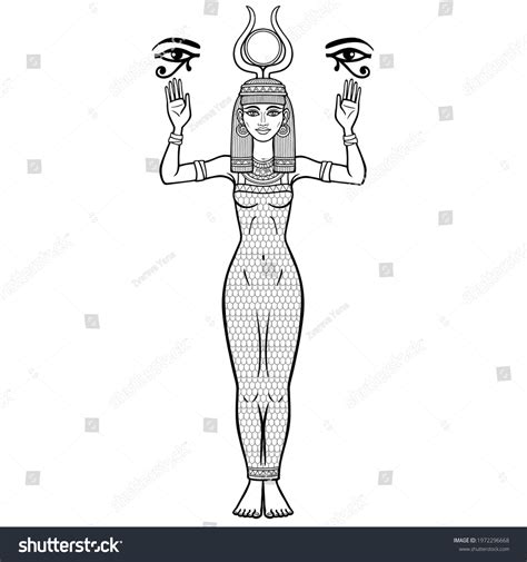 Animation Portrait Egyptian Goddess Isis Horns Stock Vector Royalty