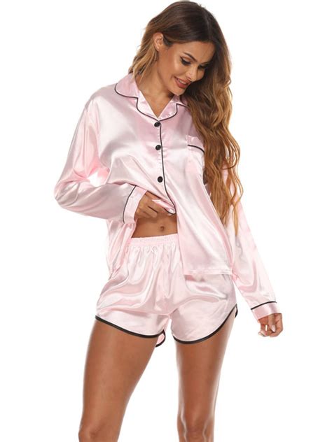 Satin Pajamas For Women Long Sleeve Silk Pajama Nightshirts With Pajamas Shorts Two Piece Pj