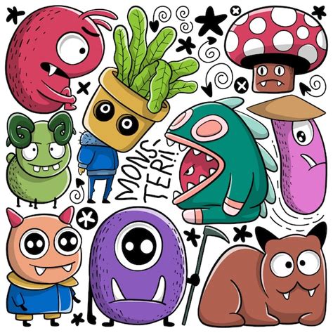 Premium Vector Set Of Funny Hand Drawn Doodle Monsters