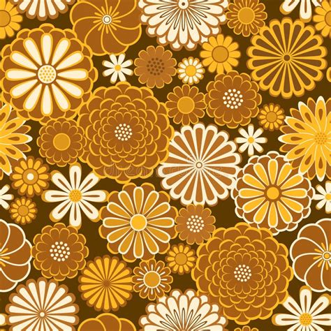 Golden Orange Circle Daisy Flowers Natural Seamless Pattern Vector
