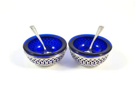 Sterling Silver Salt Cellars With Cobalt Blue Liners And Spoons By Webster Etsy