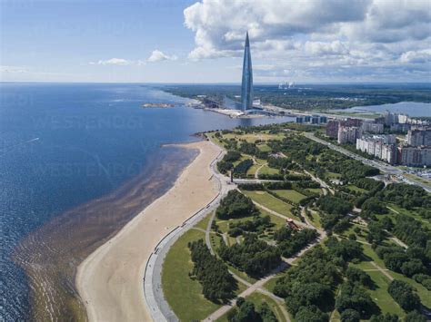 Aerial View Over Beach And Lakhta Center St Petersburg Russia Stock