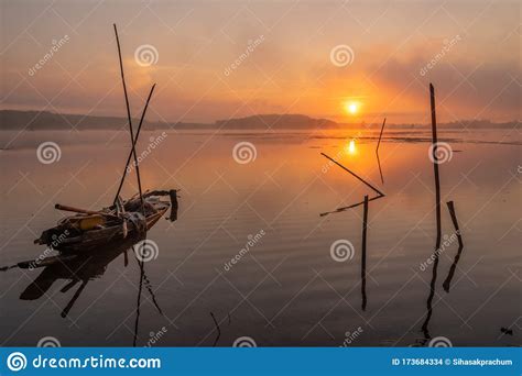 Morning Nature Scene Sky Clouds And Fog Mist On The Lake Stock Photo