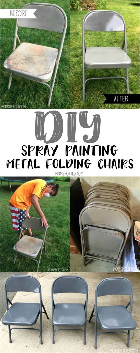 Spray paint the entire chair. DIY Spray Painting Metal Folding Chairs - Mom Spotted | Metal folding chairs, Folding chair ...