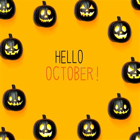 Hello October With Black Pumpkins Stock Photo Image Of Halloween