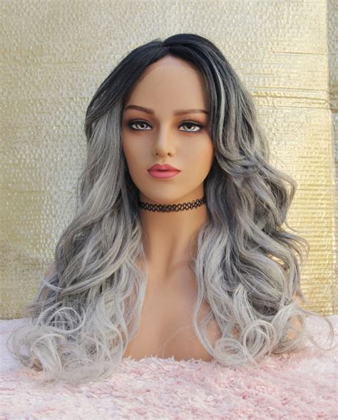 long gray lace front wig black roots ombre to silver gray etsy
