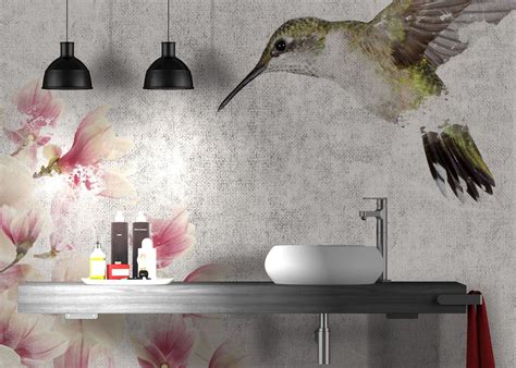 Immagine di un bagno di servizio chic con pareti multicolore, lavabo sottopiano, top grigio e top in marmo. Instabilelab. Carta da parati impermeabile per l'ambiente ...