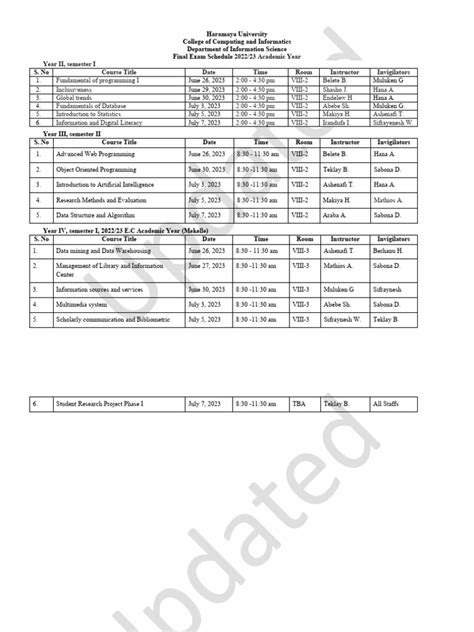 Updated Final Exam Schedule Pdf Information Computer Science