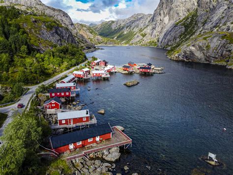 Aerial Of The Village Of Nusfjord Lofoten Nordland Norway