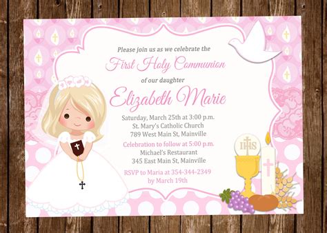 First Communion Invitation Girl First Communion Pink Etsy
