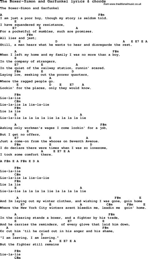 Love Song Lyrics For The Boxer Simon And Garfunkel With Chords