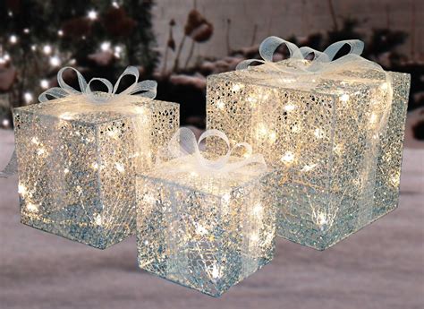 Set Of 3 Lighted Silver Glitter T Box Christmas Outdoor Decorations