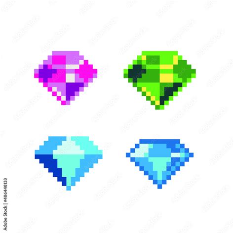 Gemstone Pixel Art Icons Set Diamond Sapphire Topaz Ruby And